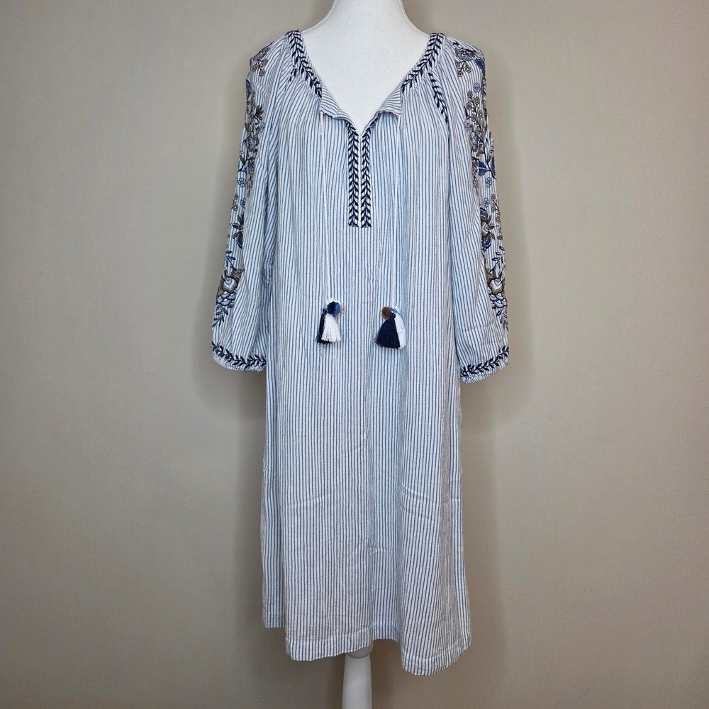 J. Jill Womens Blue White Striped Embroidered Tassel Kaftan Dress‎ Medium
